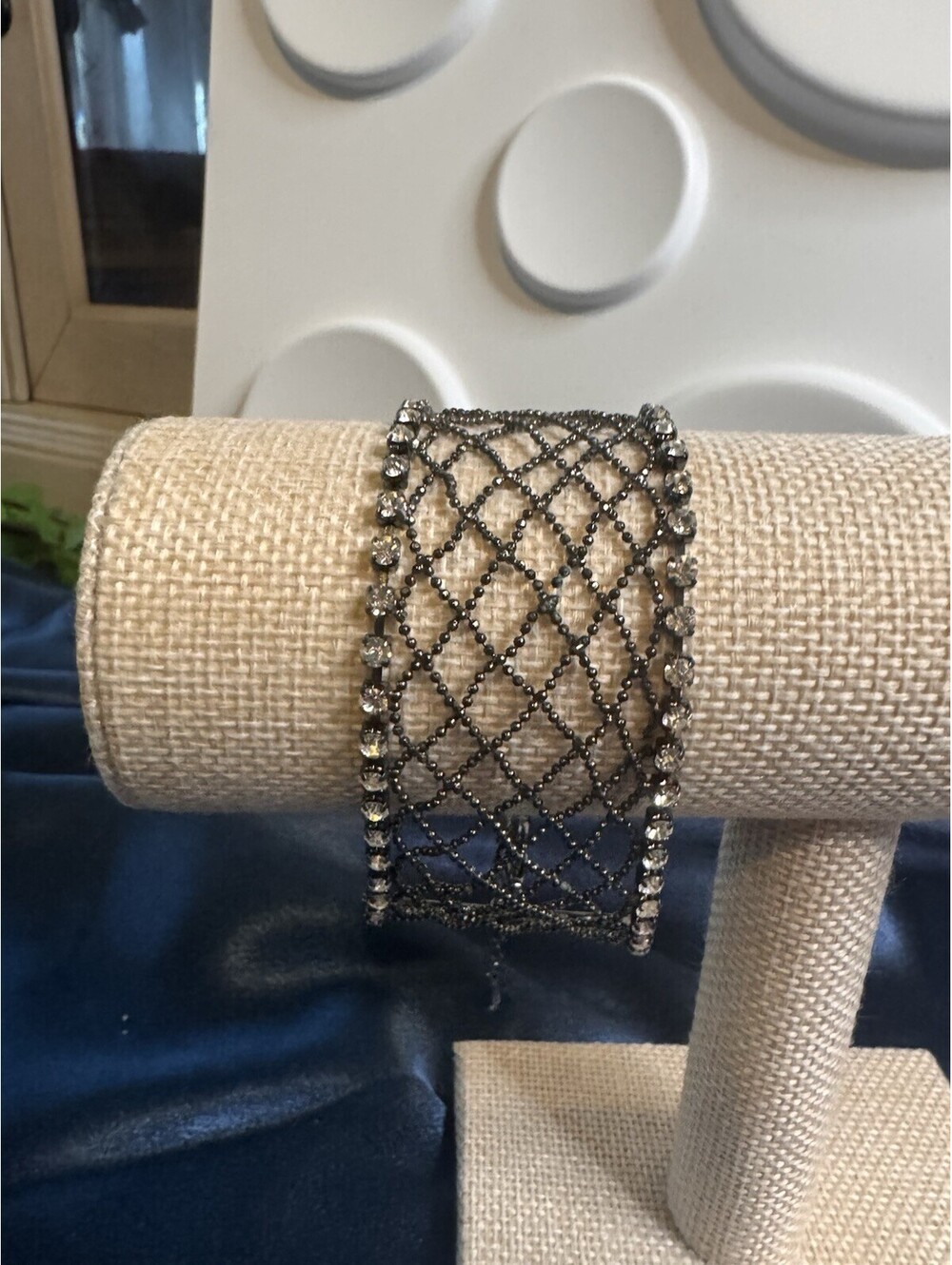 Vintage Black Mesh Cuff Bracelet Rhinestone Statement Wide Band Fashion Jewelry